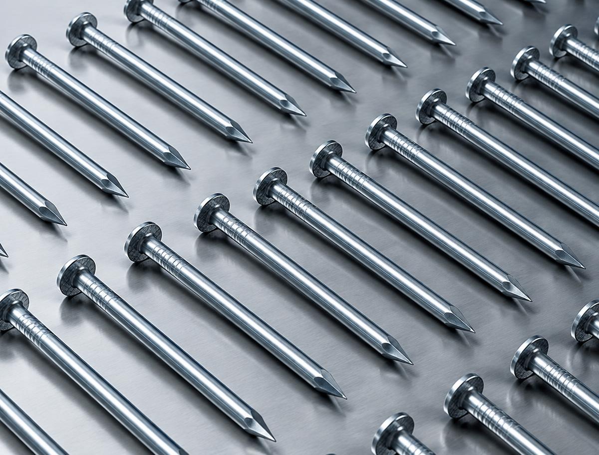 Representative close-up of iron nails arranged in rows